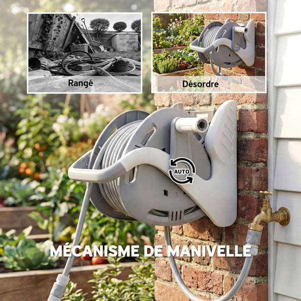 Enrouleur Tuyau Arrosage Mural 20+2 m x Ø 15 mm, Dévidoir de Tuyaux d'Eau Portable, Buse à 2 Modes, Manivelle, pour Pelouse, Garage, Lavage de Voiture et Arrosage, Gris