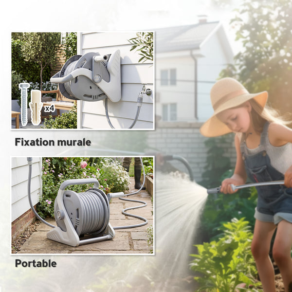 Enrouleur Tuyau Arrosage Mural 20+2 m x Ø 15 mm, Dévidoir de Tuyaux d'Eau Portable, Buse à 2 Modes, Manivelle, pour Pelouse, Garage, Lavage de Voiture et Arrosage, Gris