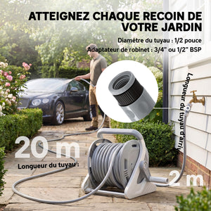 Enrouleur Tuyau Arrosage Mural 20+2 m x Ø 15 mm, Dévidoir de Tuyaux d'Eau Portable, Buse à 2 Modes, Manivelle, pour Pelouse, Garage, Lavage de Voiture et Arrosage, Gris
