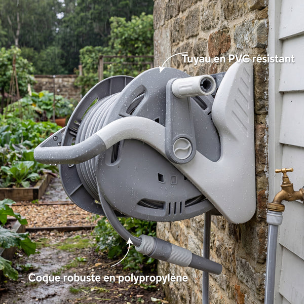 Enrouleur Tuyau Arrosage Mural 20+2 m x Ø 15 mm, Dévidoir de Tuyaux d'Eau Portable, Buse à 2 Modes, Manivelle, pour Pelouse, Garage, Lavage de Voiture et Arrosage, Gris