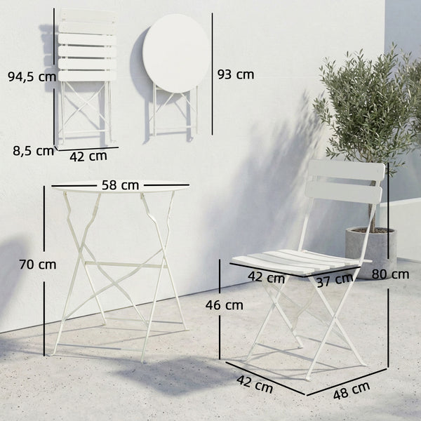 Ensemble bistro jardin 3 pièces pliable Table bistrot avec 2 chaises Assise à lattes Pieds en X doubles Résistant à la rouille Mobilier bistro pour balcon terrasse Jardin Blanc crème