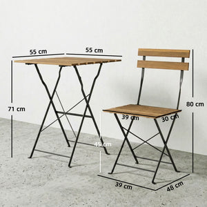 Ensemble de Salon de Jardin Bistrot 3 Pièces, Mobilier de Terrasse avec 2 Chaises Pliantes et Table Carrée en Bois d'Acacia, Cadre en Métal, pour Balcon Patio Jardin, Naturel
