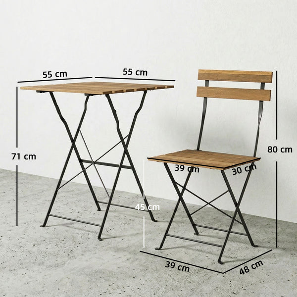 Ensemble de Salon de Jardin Bistrot 3 Pièces, Mobilier de Terrasse avec 2 Chaises Pliantes et Table Carrée en Bois d'Acacia, Cadre en Métal, pour Balcon Patio Jardin, Naturel