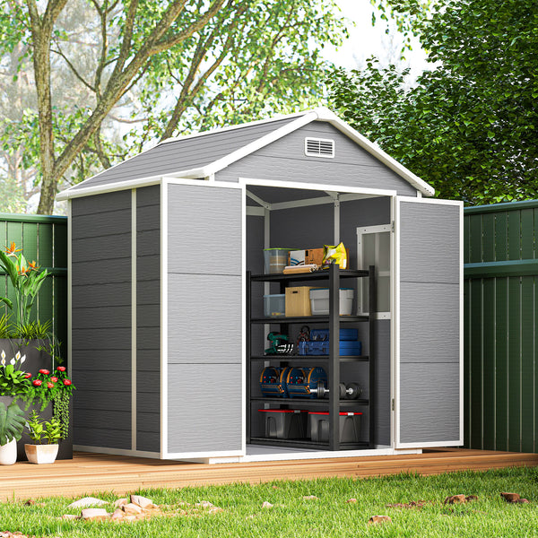 Abri de jardin en résine 2,7 m² avec plancher structure en aluminium 182 x 151 x 219 cm, cabane de jardin cabanon rangement outils portes avec serrure et clés 3 fenêtre, gris