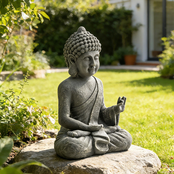 Statue de Jardin, Sculpture de Bouddha Assis en Oxyde de Magnésium, Décoration Spirituelle pour Intérieur et Extérieur, Jardin, Patio, Cour, Gris Foncé