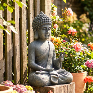 Statue de Jardin, Sculpture de Bouddha Assis en Oxyde de Magnésium, Décoration Spirituelle pour Intérieur et Extérieur, Jardin, Patio, Cour, Gris Foncé