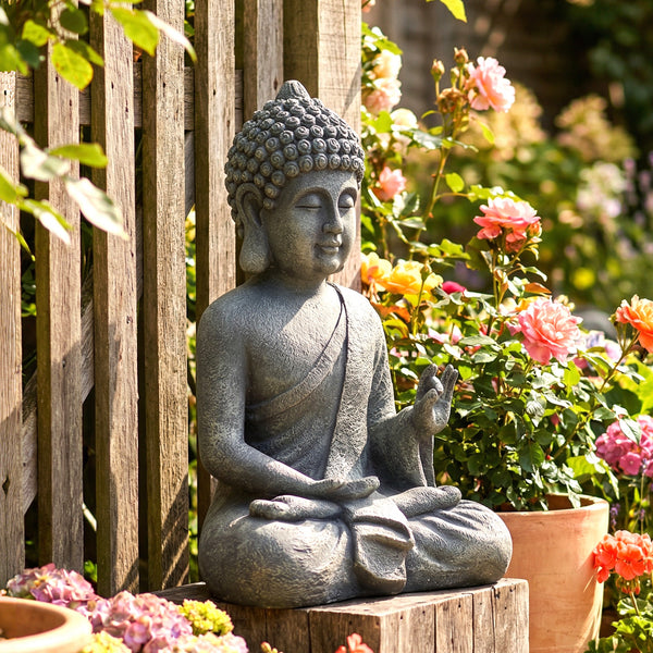 Statue de Jardin, Sculpture de Bouddha Assis en Oxyde de Magnésium, Décoration Spirituelle pour Intérieur et Extérieur, Jardin, Patio, Cour, Gris Foncé
