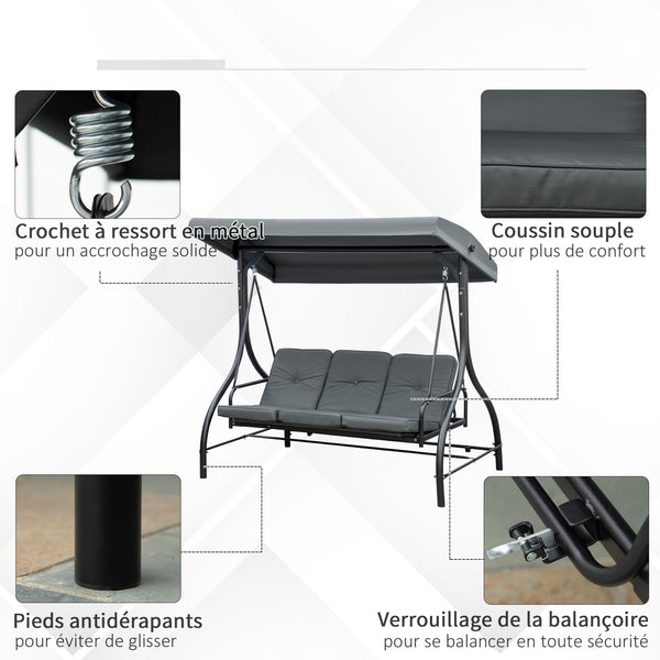 Balancelle de Jardin 3 Places Convertible Inclinaison Toit réglable Matelas Grand Confort Rembourrage 7 cm fourni Gris métal époxy Noir