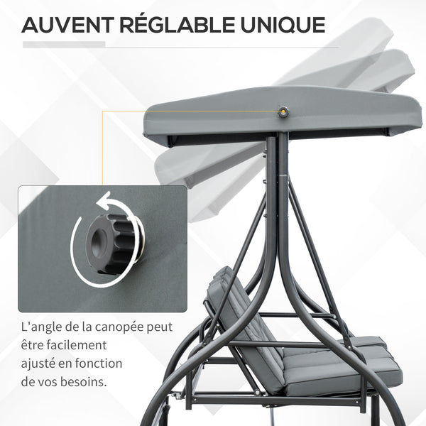 Balancelle de Jardin 3 Places Convertible Inclinaison Toit réglable Matelas Grand Confort Rembourrage 7 cm fourni Gris métal époxy Noir