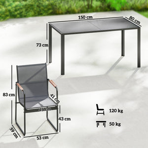 Ensemble de Salle à Manger d'Extérieur 7 Pièces pour 6 Personnes, Table en Verre et Chaises avec Accoudoirs Décoratifs, Mobilier de Jardin en Acier pour Terrasse, Gris