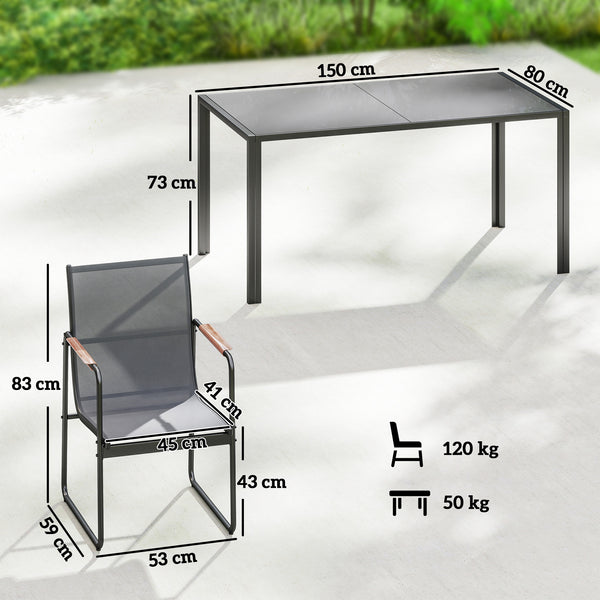 Ensemble de Salle à Manger d'Extérieur 7 Pièces pour 6 Personnes, Table en Verre et Chaises avec Accoudoirs Décoratifs, Mobilier de Jardin en Acier pour Terrasse, Gris