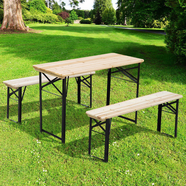 Table de Camping Pique-Nique Pliable Portable + 2 bancs Pliables métal époxy Noir Bois Massif Sapin