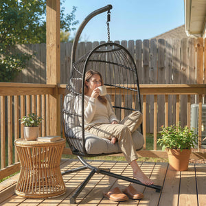 Fauteuil Suspendu Œuf avec Support, Balancelle Jardin Extérieur avec Panier Pliable en Rotin, Coussin Épais, Appui‑tête, Hauteur Réglable, Structure Métallique pour Intérieur et Extérieur, Gris clair