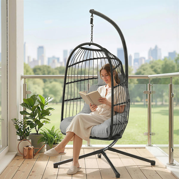 Fauteuil Suspendu Œuf avec Support, Balancelle Jardin Extérieur avec Panier Pliable en Rotin, Coussin Épais, Appui‑tête, Hauteur Réglable, Structure Métallique pour Intérieur et Extérieur, Gris clair