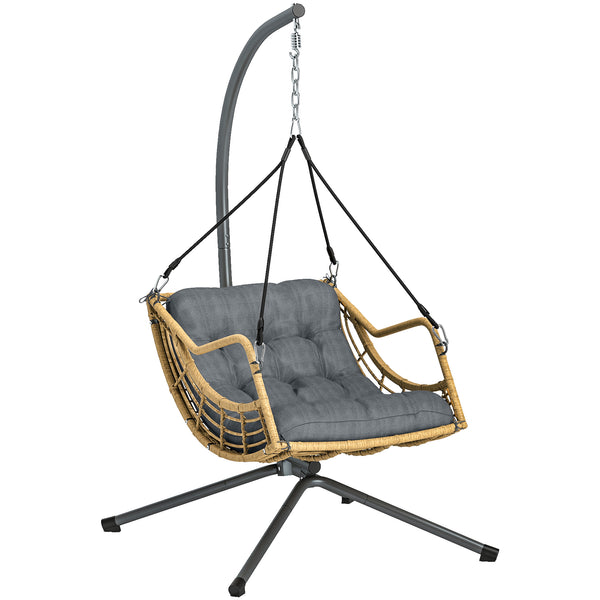 Fauteuil suspendu en résine tressée avec support, chaise suspendue, chaise hamac balançoire, coussin et attache de sécurité, hauteur réglable, cadre en acier, intérieur et extérieur, gris