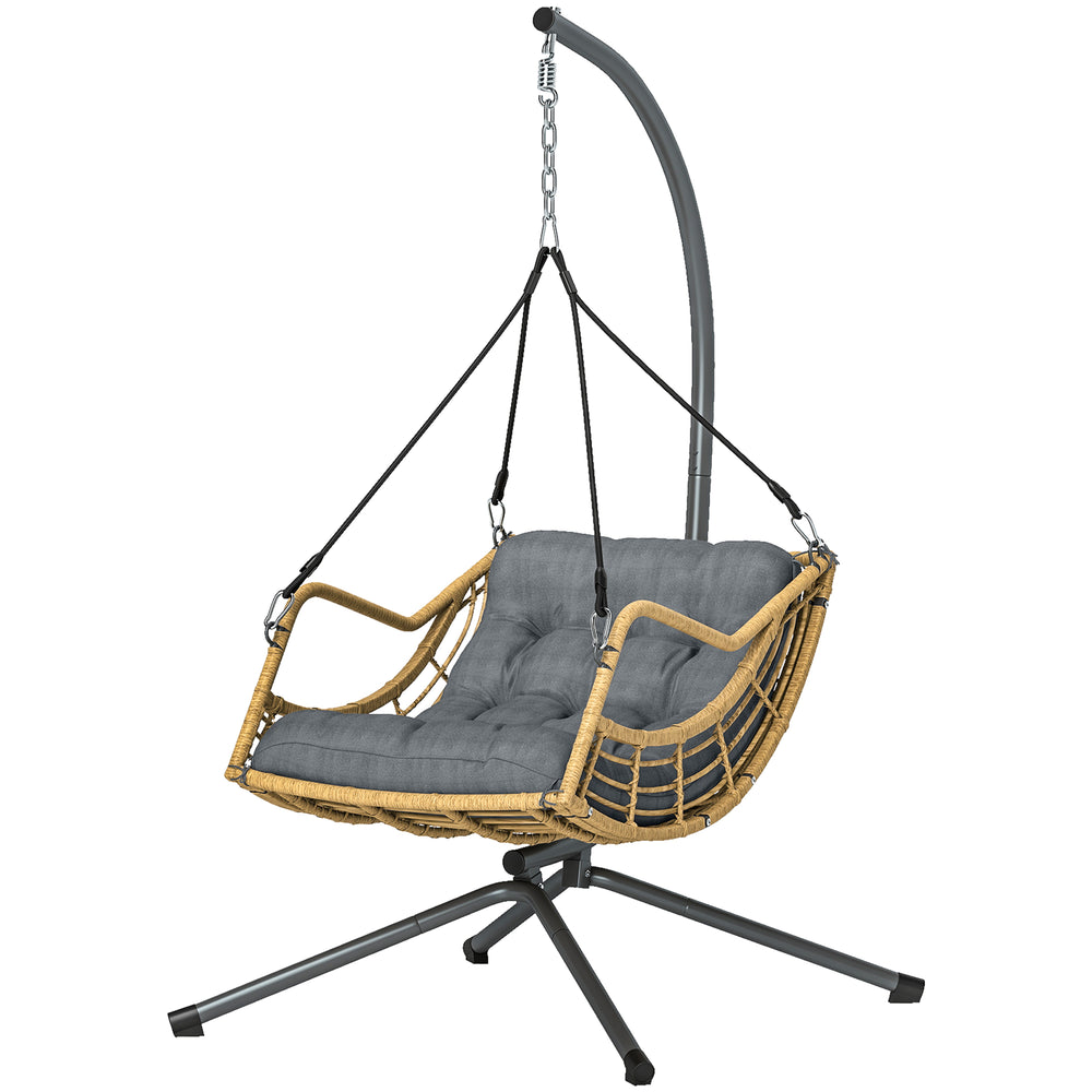 Fauteuil suspendu en résine tressée avec support, chaise suspendue, chaise hamac balançoire, coussin et attache de sécurité, hauteur réglable, cadre en acier, intérieur et extérieur, gris