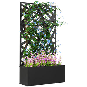 Jardinière avec treillis, brise-vue paravent, jardinière extérieure métal sur pieds ou murale, motifs de lignes, bac à fleurs rectangulaire balcon terrasse patio, 61x23x113 cm, noir