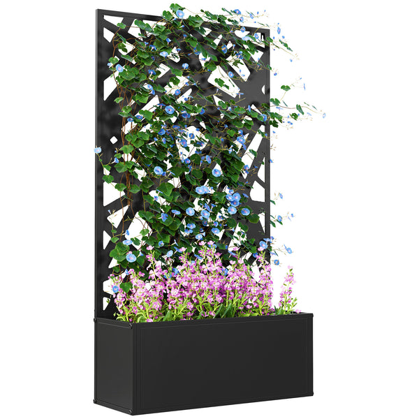 Jardinière avec treillis, brise-vue paravent, jardinière extérieure métal sur pieds ou murale, motifs de lignes, bac à fleurs rectangulaire balcon terrasse patio, 61x23x113 cm, noir