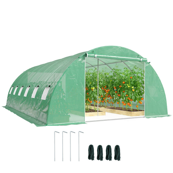 Serre Tunnel 395 x 595 x 199 cm avec 2 Barres de Support, 2 Portes Roulantes et 12 Fenêtres en Maille, Serre de Jardin avec Couverture en PE, Vert