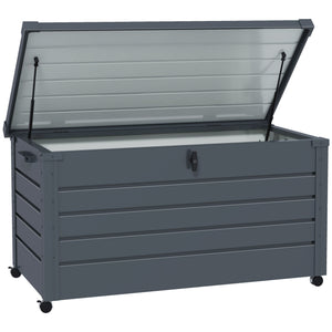 Coffre de rangement extérieur 311L coffre de jardin avec vérin à gaz, roulettes et poignée, en acier galvanisé, 120x62x66 cm, gris