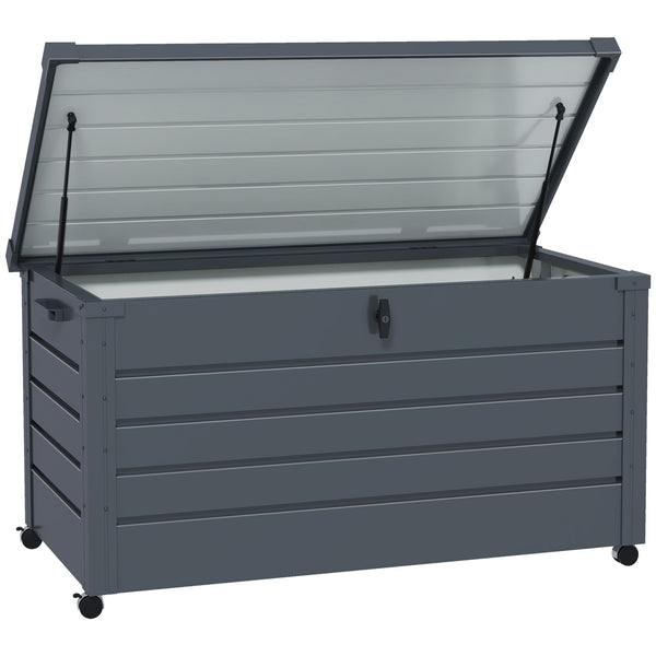 Coffre de rangement extérieur 311L coffre de jardin avec vérin à gaz, roulettes et poignée, en acier galvanisé, 120x62x66 cm, gris
