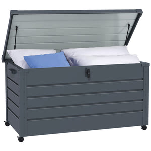 Coffre de rangement extérieur 311L coffre de jardin avec vérin à gaz, roulettes et poignée, en acier galvanisé, 120x62x66 cm, gris