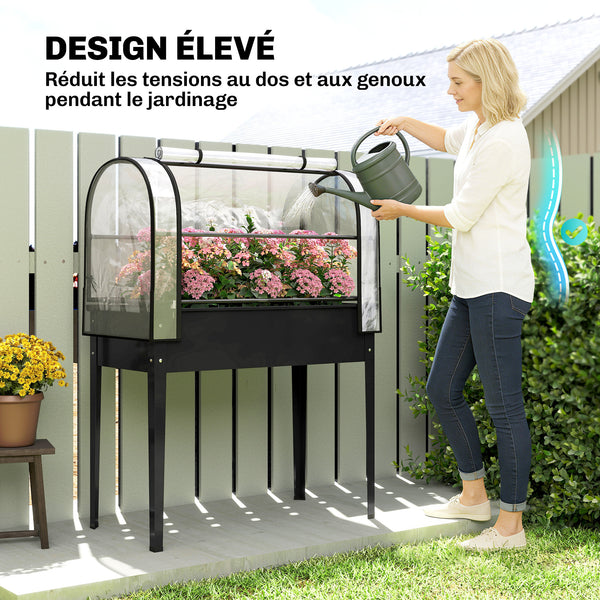 Potager sur Pieds avec Serre Rabattable, Jardinière Surélevée en Métal avec Volume 97L, Trou de Drainage, pour Plantes Fleurs Légumes, 100 x 49 x 136 cm, Noir