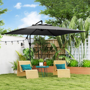 Parasol déporté carré 3 x 3 m, parasol de jardin extérieur avec manivelle, base croisée, parasol inclinable et rotation à 360°, toile polyester 180 g/m², protection UV UPF50+, gris foncé