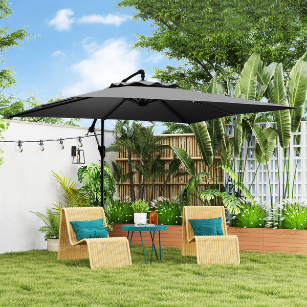 Parasol déporté carré 3 x 3 m, parasol de jardin extérieur avec manivelle, base croisée, parasol inclinable et rotation à 360°, toile polyester 180 g/m², protection UV UPF50+, gris foncé