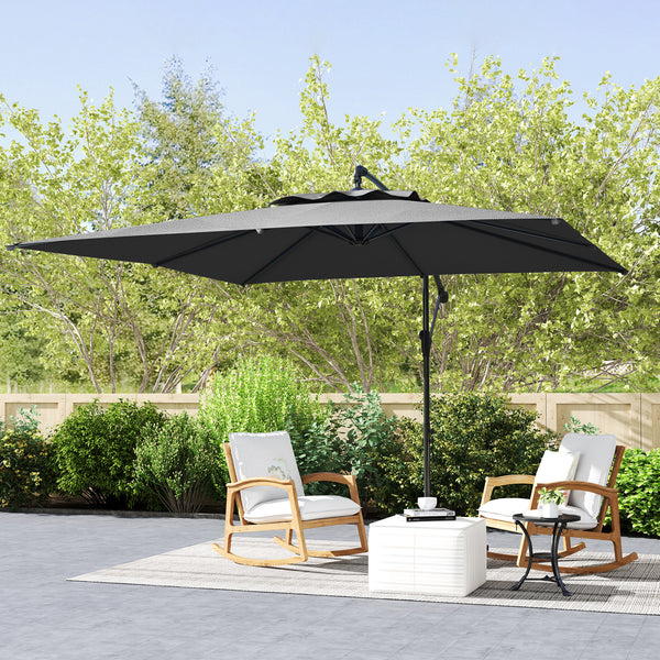 Parasol déporté carré 3 x 3 m, parasol de jardin extérieur avec manivelle, base croisée, parasol inclinable et rotation à 360°, toile polyester 180 g/m², protection UV UPF50+, gris foncé