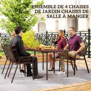 Lot de 4 chaises de jardin chaises empilables d'extérieur avec haut dossier et accoudoirs, cadre en acier pour jardin, piscine, terrasse, marron foncé