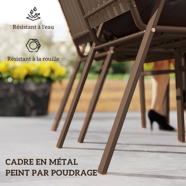 Lot de 4 chaises de jardin chaises empilables d'extérieur avec haut dossier et accoudoirs, cadre en acier pour jardin, piscine, terrasse, marron foncé