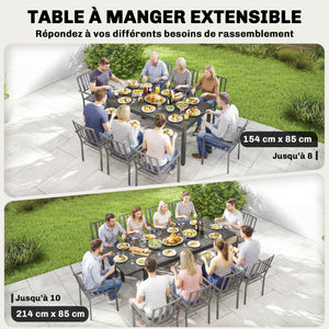 Table de Jardin Extensible 154-214 cm Plateau Aluminium Effet Bois - Table à Manger Extérieur Robuste avec Pieds Réglables - Mobilier de Terrasse 8-10 Personnes, Gris Anthracite