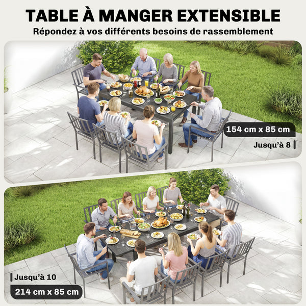 Table de Jardin Extensible 154-214 cm Plateau Aluminium Effet Bois - Table à Manger Extérieur Robuste avec Pieds Réglables - Mobilier de Terrasse 8-10 Personnes, Gris Anthracite