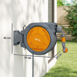Enrouleur Tuyau Arrosage Mural 30 m x Ø 15 mm, Dévidoir Automatique de Tuyaux d'Eau Rétractable Automatique Pivotant à 180°, Buse à 7 Modes, pour Jardin et Lavage de Voiture, Orange