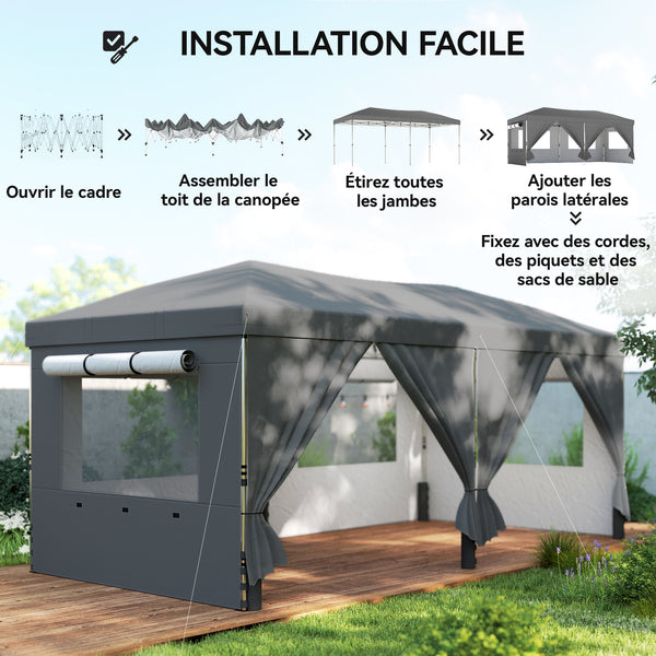 Tonnelle de jardin 3 x 6 m pop up tente pliante réglable en hauteur protection UV50+ tonnelle pliante avec 6 parois latérales 6 sacs de sable sac de transport à roulettes montage facile gris