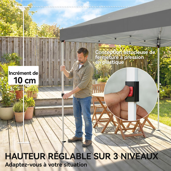 Tonnelle de jardin 3 x 6 m pop up tente pliante réglable en hauteur protection UV50+ tonnelle pliante avec 6 parois latérales 6 sacs de sable sac de transport à roulettes montage facile gris