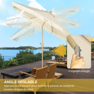 Parasol droit de jardin inclinable parasol avec manivelle à franges mât en métal style bohème 8 baleines Ø 265 x 244 cm crème