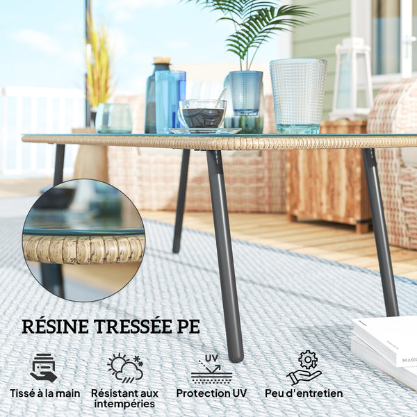 Table basse de jardin en résine tressée avec plateau verre trempé 5 mm, table d'appoint pour extérieur, jardin, terrasse, patio, balcon, cadre en acier 110 x 60 x 40 cm, effet bois naturel