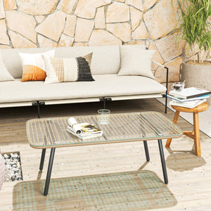 Table basse de jardin en résine tressée avec plateau verre trempé 5 mm, table d'appoint pour extérieur, jardin, terrasse, patio, balcon, cadre en acier 110 x 60 x 40 cm, effet bois naturel