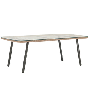 Table basse de jardin en résine tressée avec plateau verre trempé 5 mm, table d'appoint pour extérieur, jardin, terrasse, patio, balcon, cadre en acier 110 x 60 x 40 cm, effet bois naturel