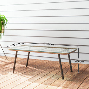 Table basse de jardin en résine tressée avec plateau verre trempé 5 mm, table d'appoint pour extérieur, jardin, terrasse, patio, balcon, cadre en acier 110 x 60 x 40 cm, effet bois naturel