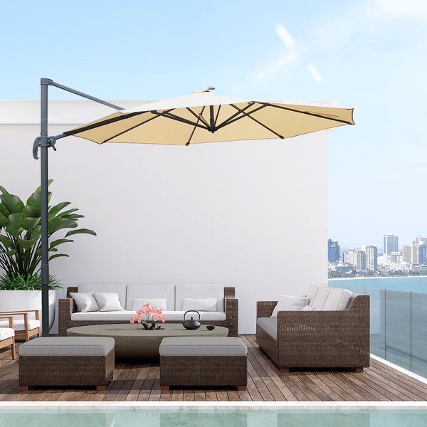Parasol déporté octogonal inclinable parasol rotatif 360° avec pied en croix 8 beleines manivelle inclus châssis alu. acier Ø 3 x 2,5H m beige