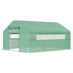 Serre de jardin 12 m², serre tunnel de jardin 4 x 3 x 2 m avec portes enroulables et grandes fenêtres en maille, serre en acier galvanisé et PE haute densité 140 g/m² résistante aux UV, vert