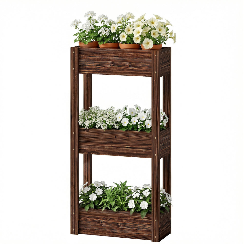 Bac à Plantes Surélevé en Bois à 3 Niveaux, Jardinière sur Pieds avec Trous de Drainage et Doublure, Bac de Jardin Élevé pour Légumes, Herbes, Fleurs, 60 x 25 x 120 cm, Marron