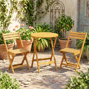 Ensemble de Bistrot 3 Pièces Pliable en Bois d'Acacia, Table Ronde 60 cm et 2 Chaises à Lattes san Montage, Salon de Jardin Extérieur pour Balcon Patio Jardin, Naturel