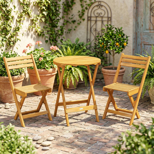 Ensemble de Bistrot 3 Pièces Pliable en Bois d'Acacia, Table Ronde 60 cm et 2 Chaises à Lattes san Montage, Salon de Jardin Extérieur pour Balcon Patio Jardin, Naturel