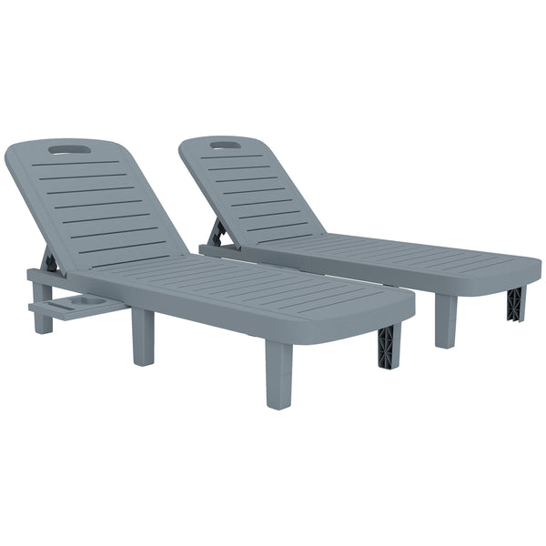 Lot de 2 bain de soleil, chaise longue avec plateaux rétractables, transat jardin extérieur inclinable, surface effet bois pour plage relax camping piscine terrasse, 62 x 158 x 88 cm, gris