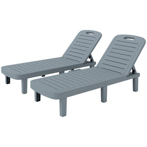 Lot de 2 bain de soleil, chaise longue avec plateaux rétractables, transat jardin extérieur inclinable, surface effet bois pour plage relax camping piscine terrasse, 62 x 158 x 88 cm, gris