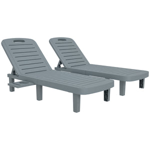 Lot de 2 bain de soleil, chaise longue avec plateaux rétractables, transat jardin extérieur inclinable, surface effet bois pour plage relax camping piscine terrasse, 62 x 158 x 88 cm, gris